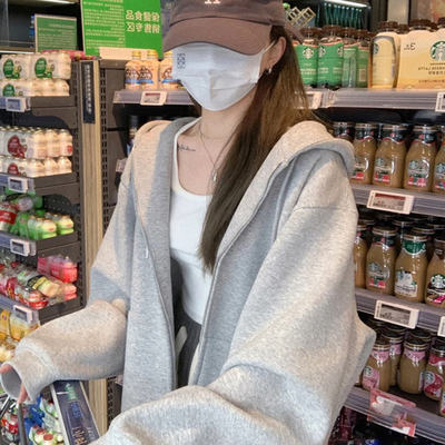 灰色连帽卫衣女春秋薄款2025新款秋冬季宽松开衫拉链加绒加厚外套