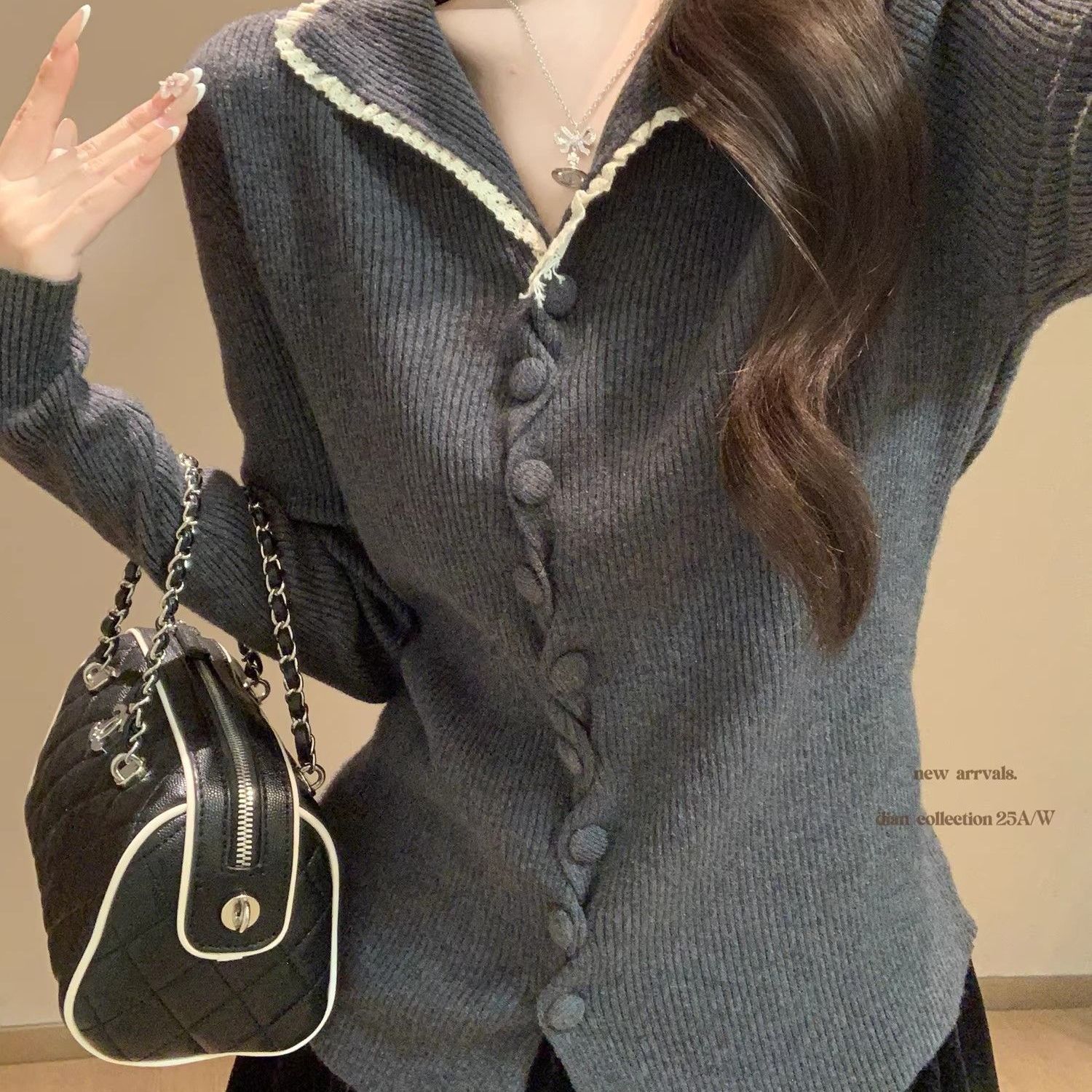 法式温柔风木耳边长袖针织衫上衣女秋冬新款宽松内搭外穿打底毛衣