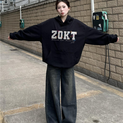 黑色连帽卫衣女2025新款爆款秋冬季加绒加厚美式复古宽松外套