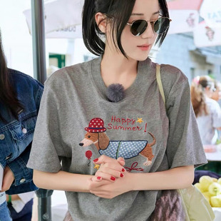 上衣 纯棉短袖 t恤女夏2025新款 设计感小众美式 复古宽松慵懒风半袖