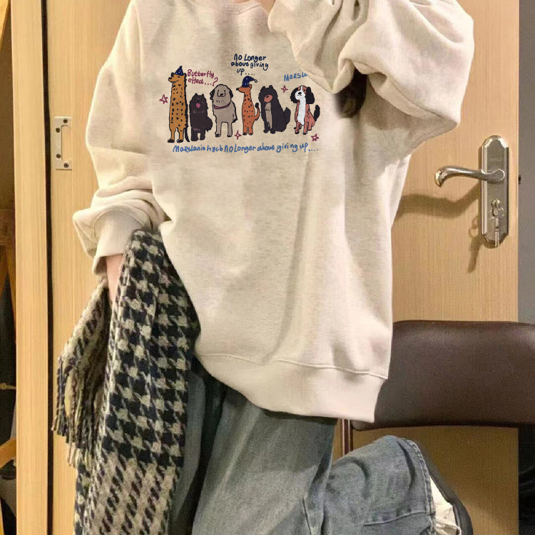白灰色无帽圆领纯棉卫衣女202卫衣/绒衫