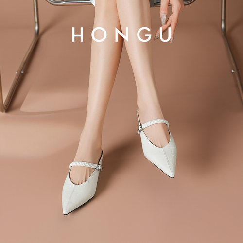 HONGU法式玛丽珍鞋女白色尖头浅口单鞋一字扣带百搭高跟鞋