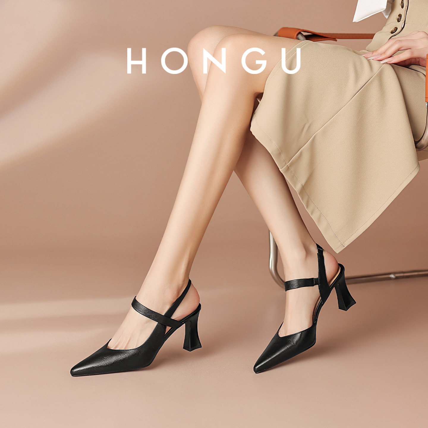 HONGU简约风真皮包头凉鞋女夏粗跟尖头后空百搭高跟鞋不累脚