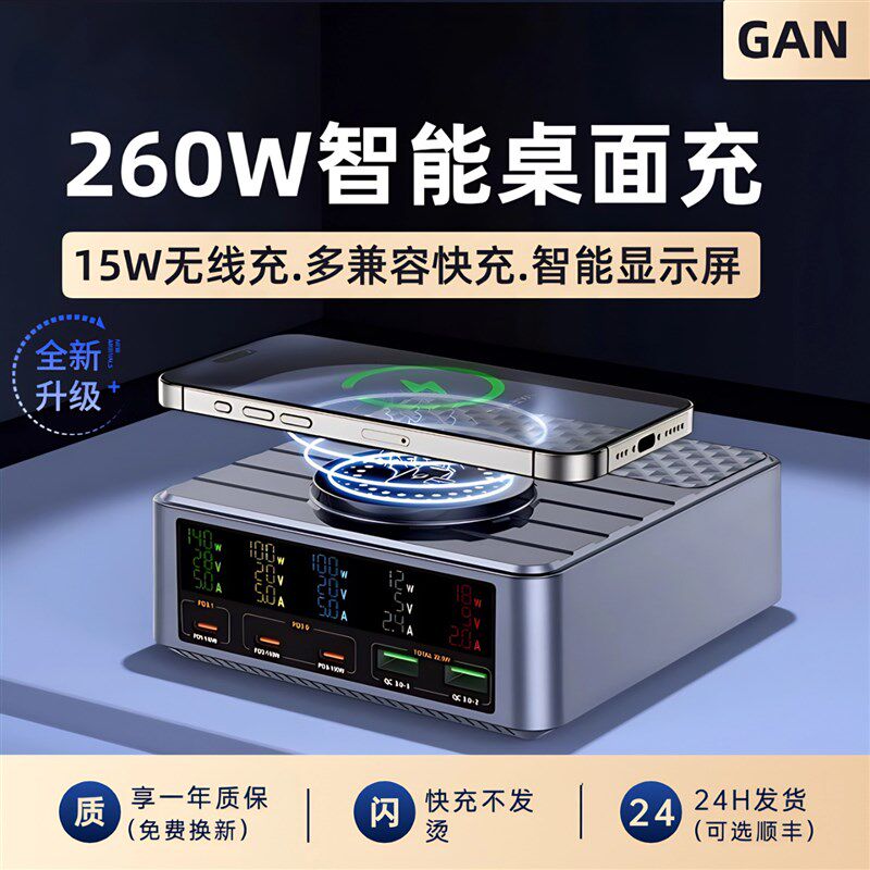 新款PDa3.1智能多口闪充氮化镓260W多口充电器PD140W大功率桌面充