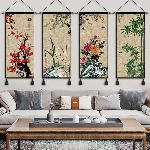 中式梅兰竹菊挂画布艺餐厅茶室z装饰画民宿过道挂毯休息室布画定