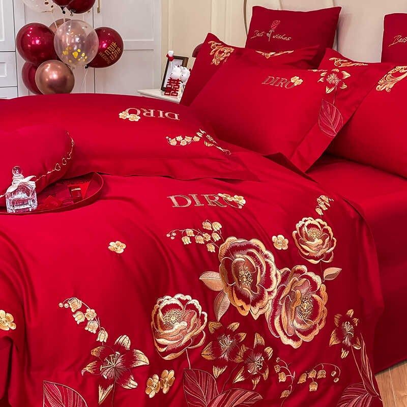 中式婚庆100支长绒棉全棉四件套刺绣结婚陪嫁被套U大红色床上用品,床上用品,婚庆床品套件,淘宝优惠券,粉丝福利购,淘宝优惠卷