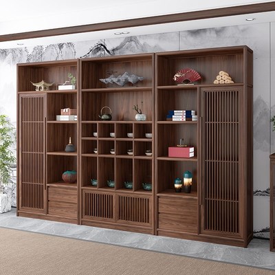 宋式美学博古架新中式实木茶室茶叶茶F壶展示柜背景柜黑胡桃木书