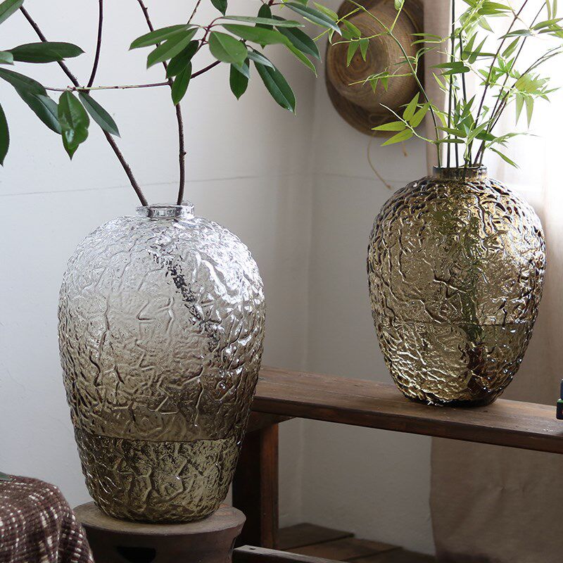 大肚玻璃花瓶渐变客厅吊钟插花鲜切落地花器摆件浮U雕锤纹欧式美