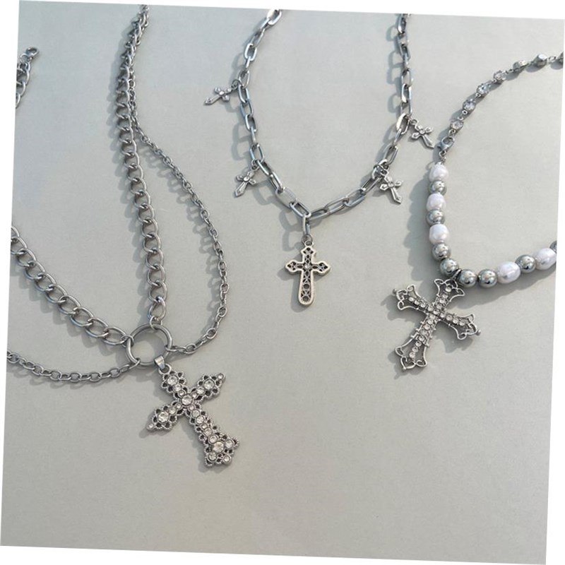 women alloy remtro pearl cross pendant necklace珍珠十字架项