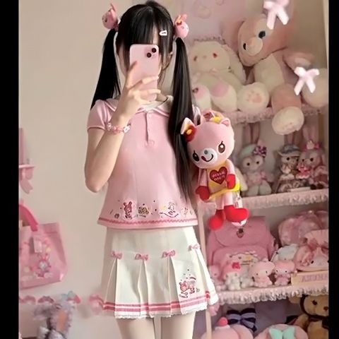 【店铺热销】大阪良田软妹mezzopiano海军领刺绣上衣可爱粉色百褶