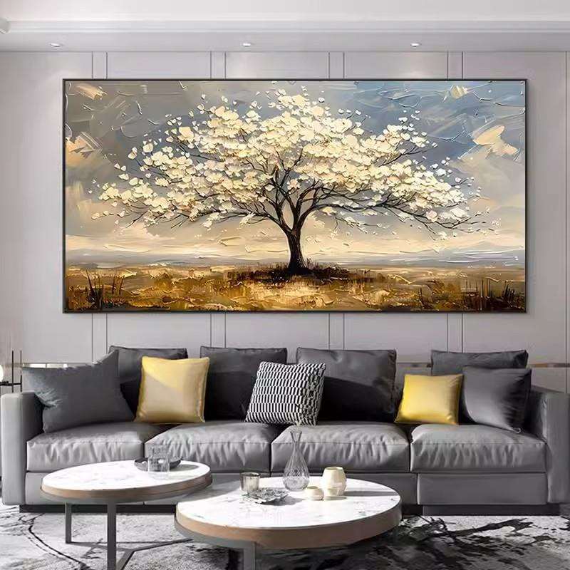 手绘油画现代简约客厅装饰画卧室床头挂画餐厅抽象肌理发财树肌理