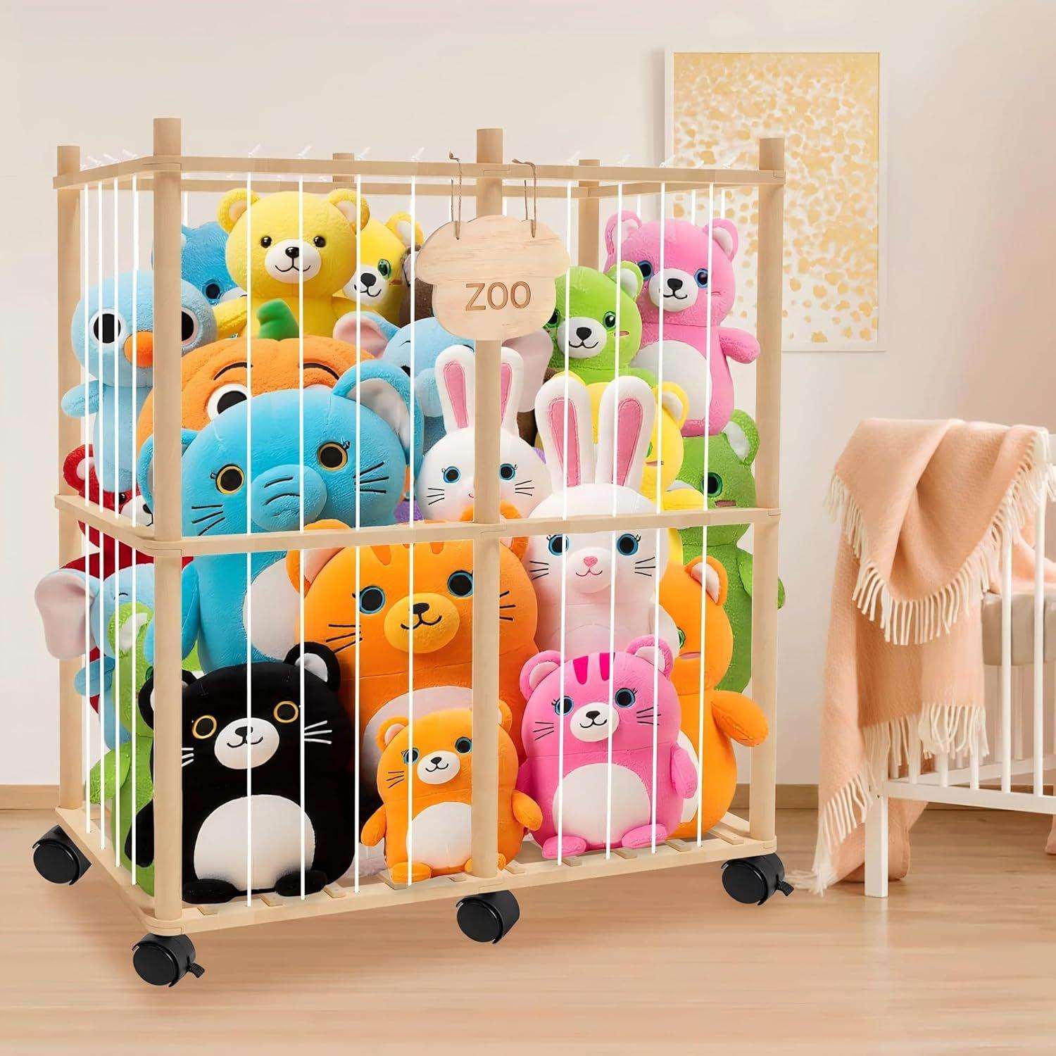 实木带轮毛绒玩具收纳架儿童房间置物架可移动公仔玩具整理架