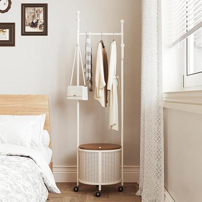 卧室落地衣架小型带脏衣篓奶油风挂衣架带轮可移动衣帽架不占空间