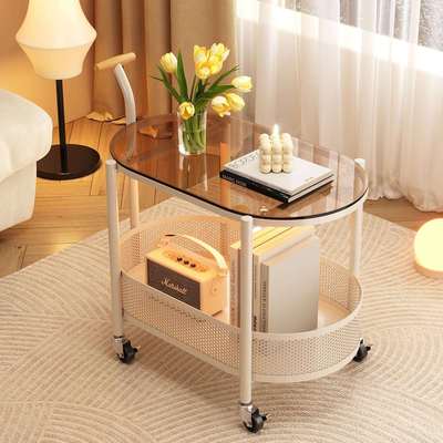 可移动小推车置物架客厅2025新款沙发边几玻璃茶几奶油风床头桌子