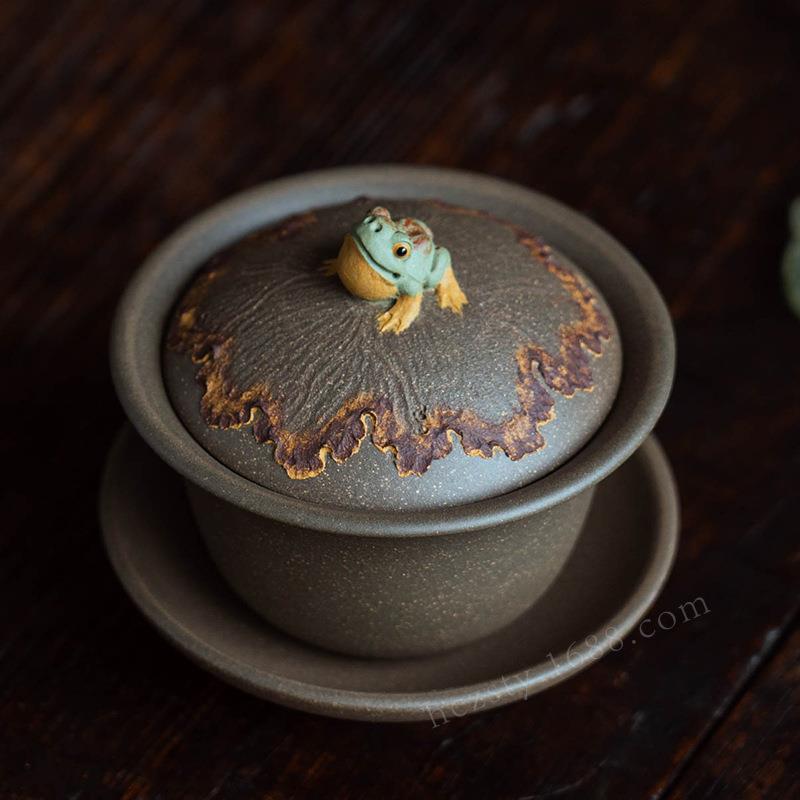 紫砂青蛙盖碗宜兴三才盖碗茶碗敬茶碗大茶杯蛙趣仿生茶具套装配件