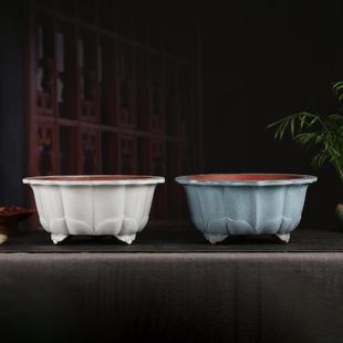 张治诚紫砂釉水花盆云脚手工莲花黑松仙客来吊钟海棠盆景YZ50