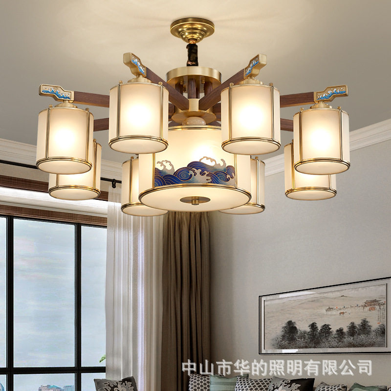 新中式全铜客厅吊灯中国风实木餐厅卧室led灯别墅复式楼大厅铜灯