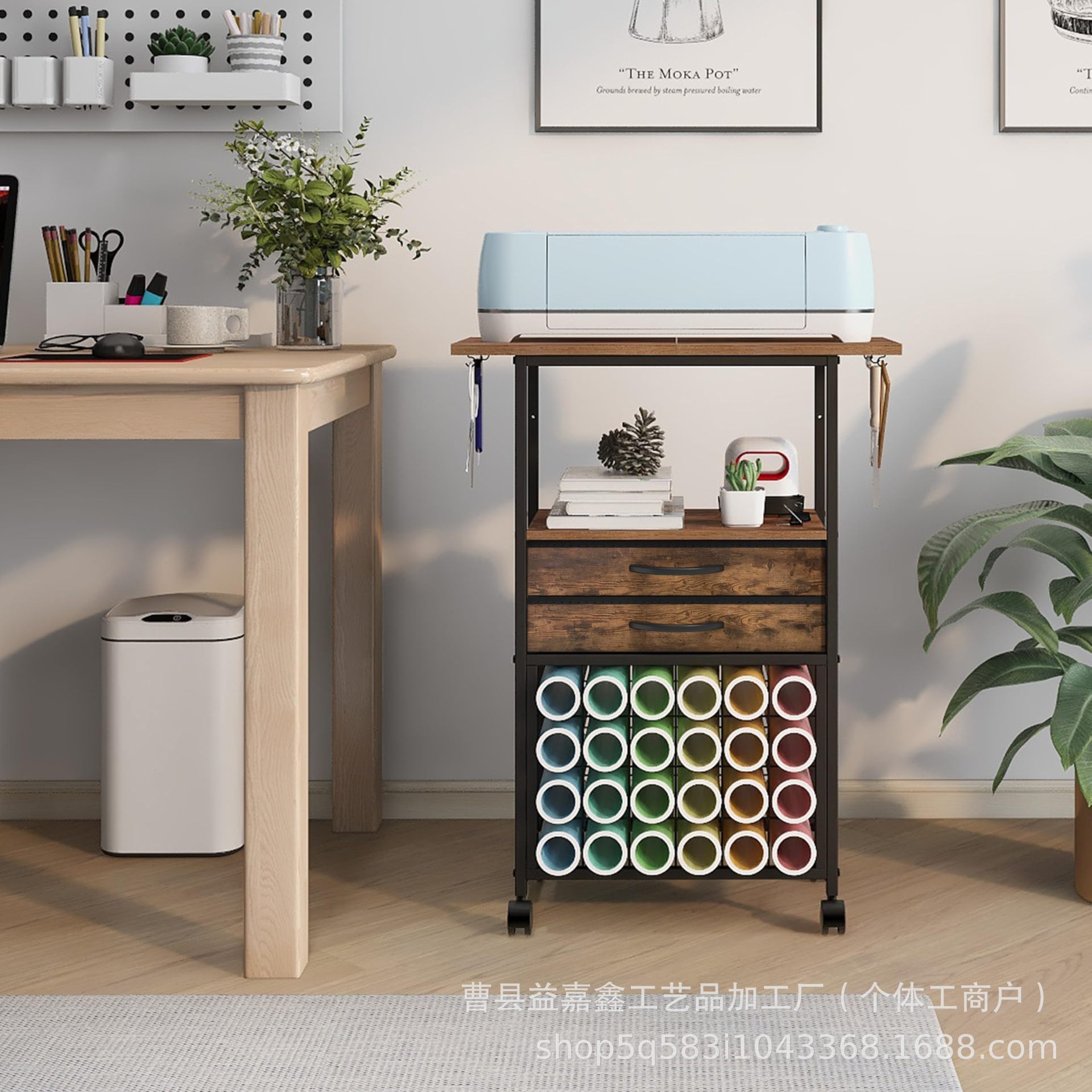 木制打印机置物架带滑轮推车多层文件办公用品打印店抽屉分层整理