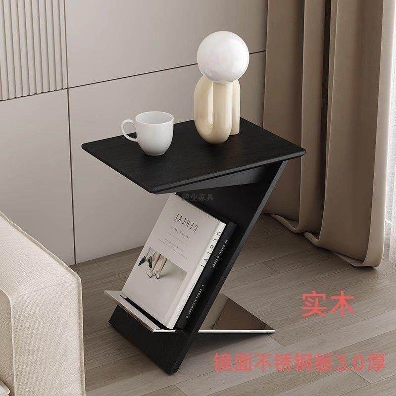 轻奢白蜡木松木客厅床头沙发边几收纳架不锈钢架实木设计师杂志架