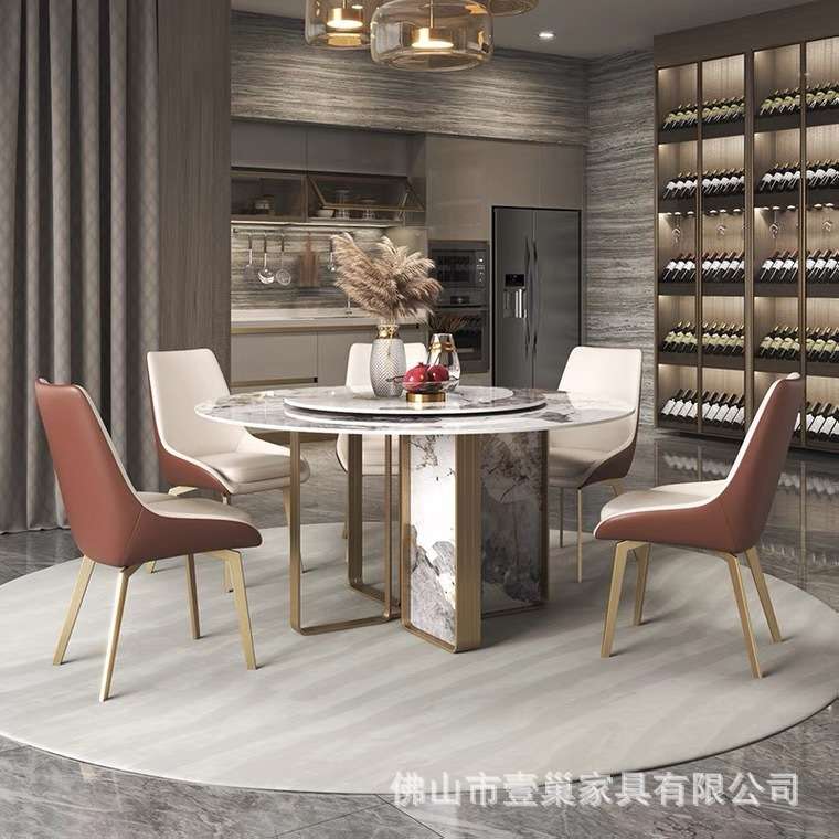现代轻奢简约亮光岩板圆形带转盘餐桌大小户型餐厅家用不锈钢饭桌