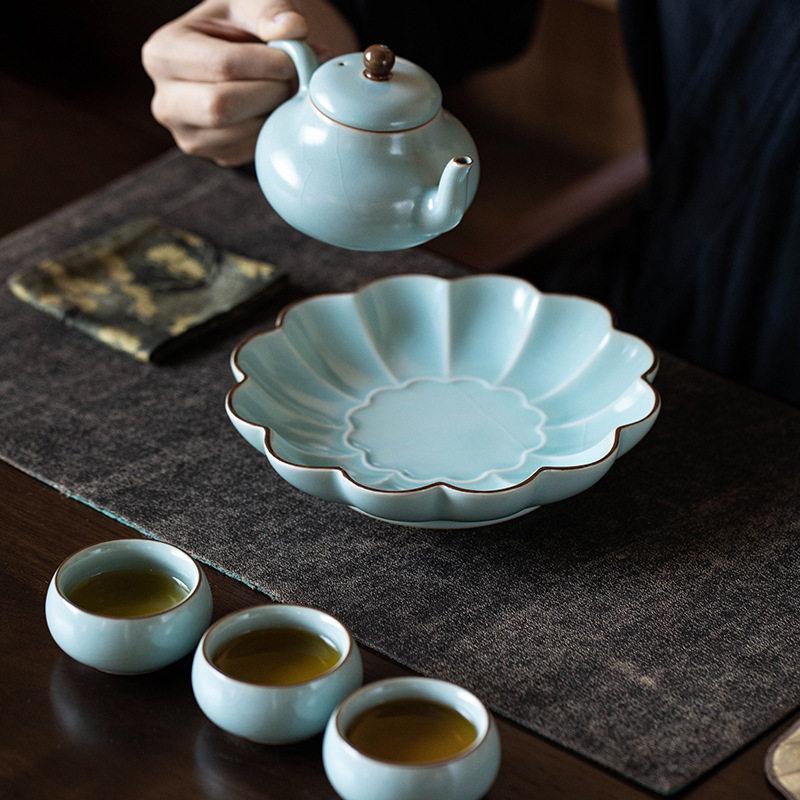 天青汝窑壶承干泡盘开片可养水果盘茶点盘陶瓷东篱壶茶壶托盖碗托
