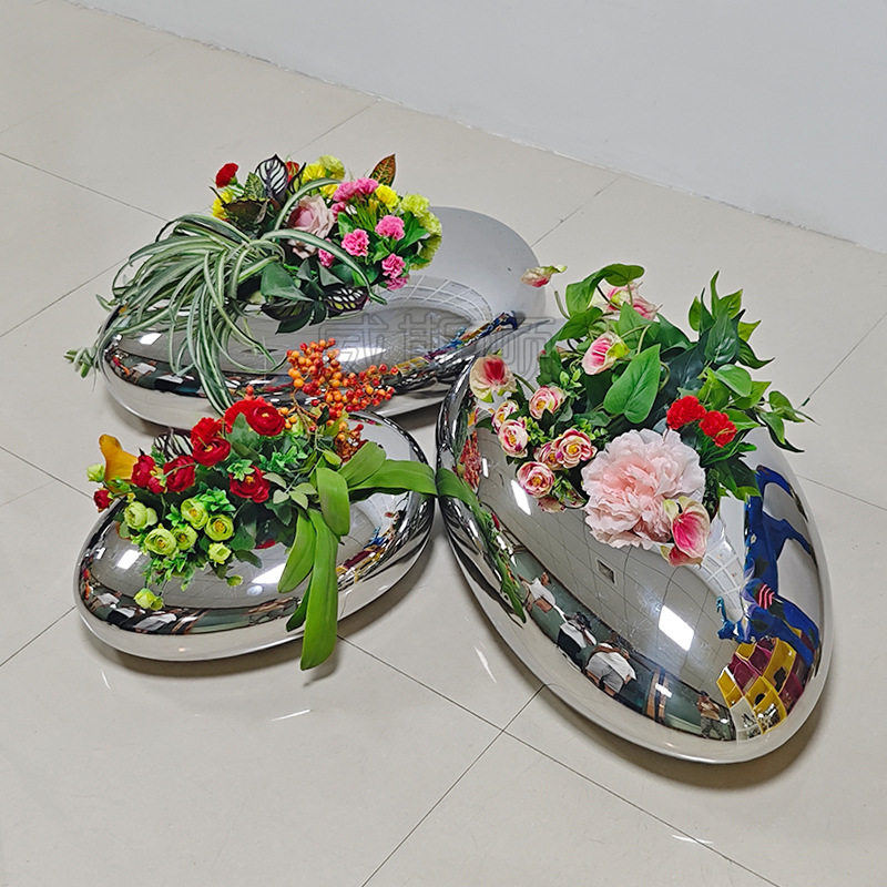 北欧简约鹅卵石不锈钢镜面花盆轻奢样板房软装饰客厅摆件插花花器