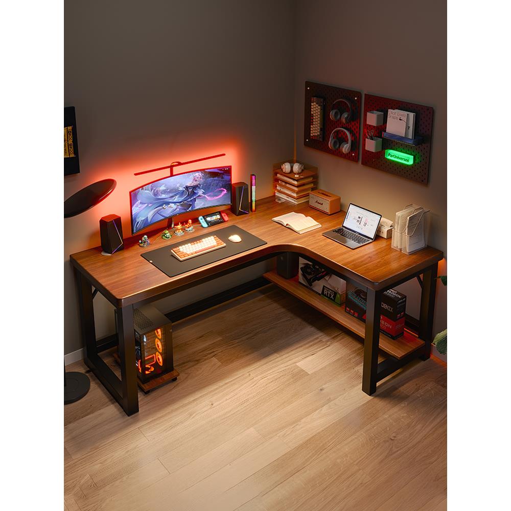 实木转角电脑桌台式家用书桌书架一体双人电竞桌L型拐角办公桌子