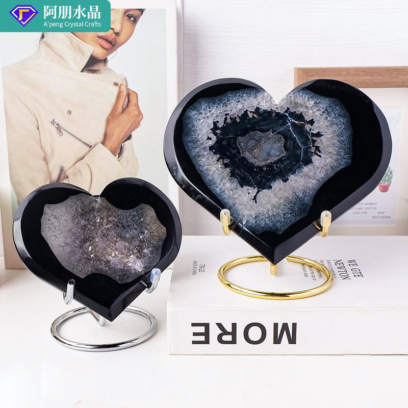 天然水晶黑玛瑙爱心晶洞摆件水晶原石打磨桌面立体心形矿标装饰品