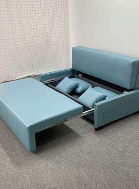 现代简约蓝色皮艺矮扶手双人沙发小户型客厅卧室储物功能沙发床