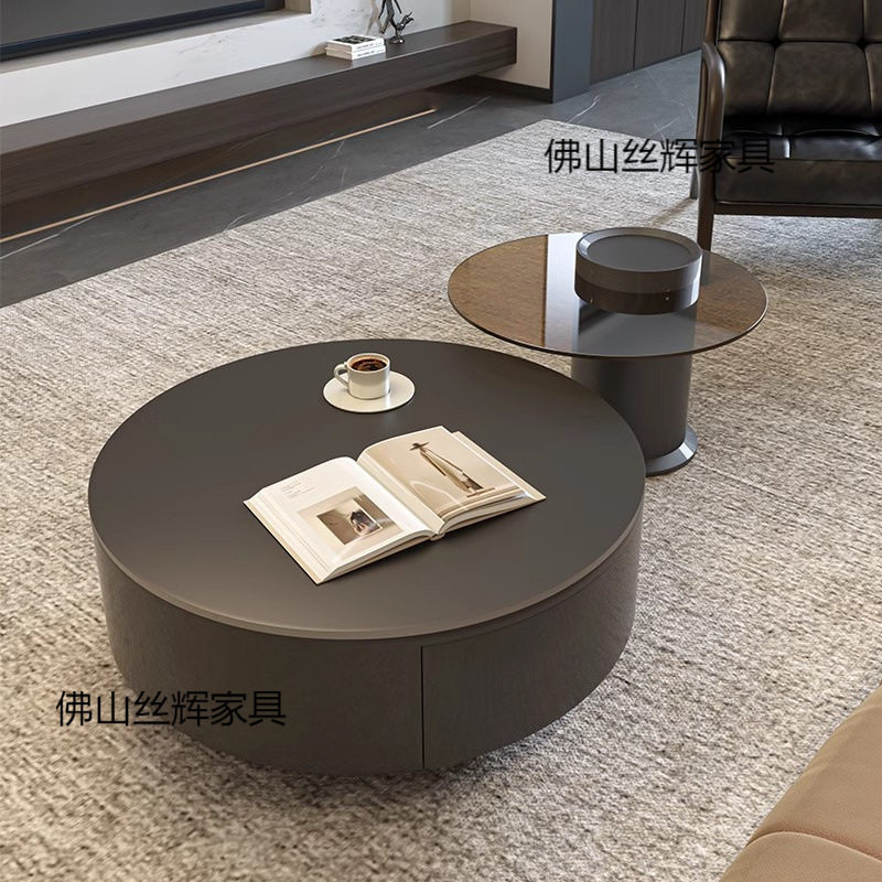 意式轻奢极简岩板客厅家用圆形玻璃茶几现代小户型桌子组合高级感