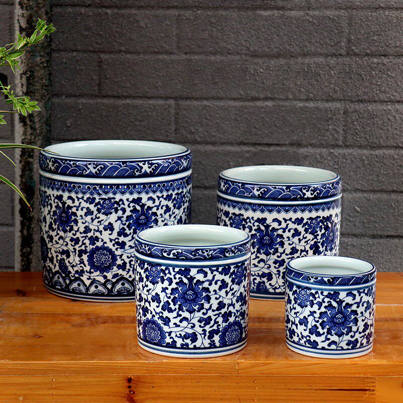 景德镇陶瓷器青花瓷笔筒毛笔摆件学生大号仿古中国风插花收纳花瓶