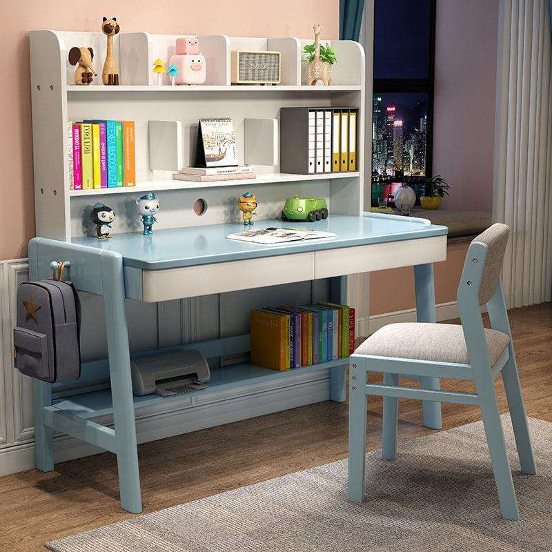 可升降儿童书桌书架一体桌中小学生初中生写字桌实木学习桌椅套装