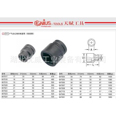 GENIUS天赋工具1″气动公制6六角套筒（铬钼钢847017-847110
