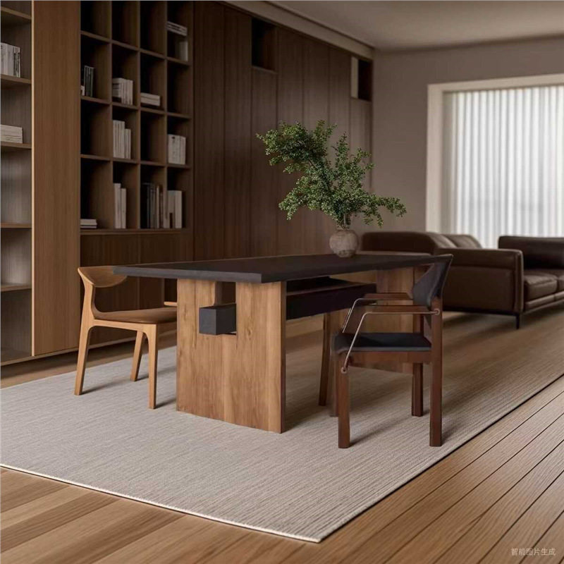 中古风实木餐桌去客厅化长桌设计师工作台家用轻奢橡木餐书桌一体