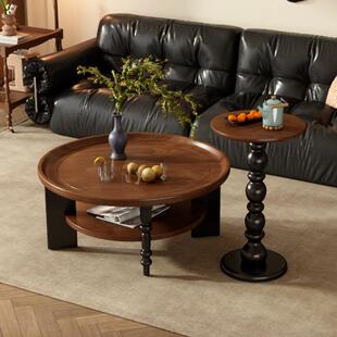 法式复古茶几实木圆形美式茶桌家用小桌子小户型客厅新款家具