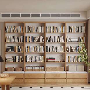 批全实木卡座书柜一体整墙到顶橡木原木色去客厅满墙展示柜组合书