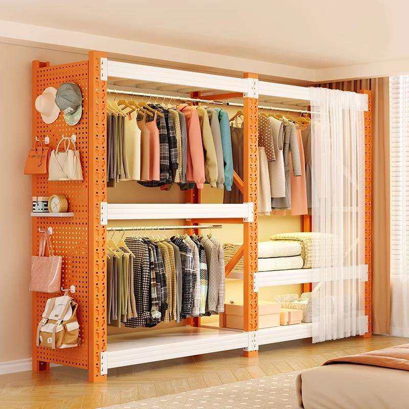 家用货架衣柜简易组装开放式挂衣架钢制置物架防尘帘多层收纳架子