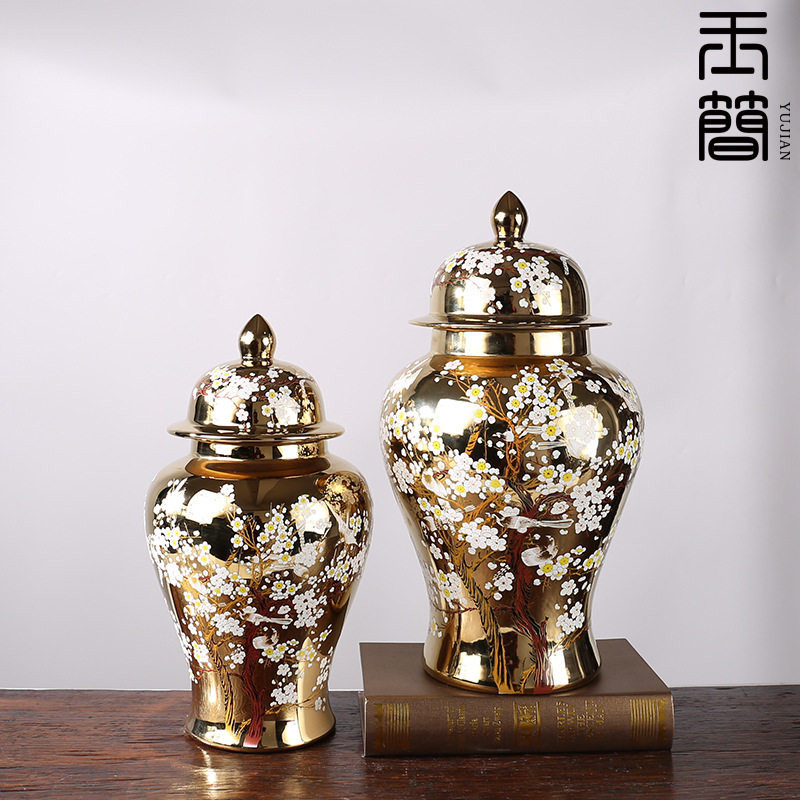 轻奢金色喜鹊梅花陶瓷将军罐样板房酒店民宿售楼处家居落地花瓶