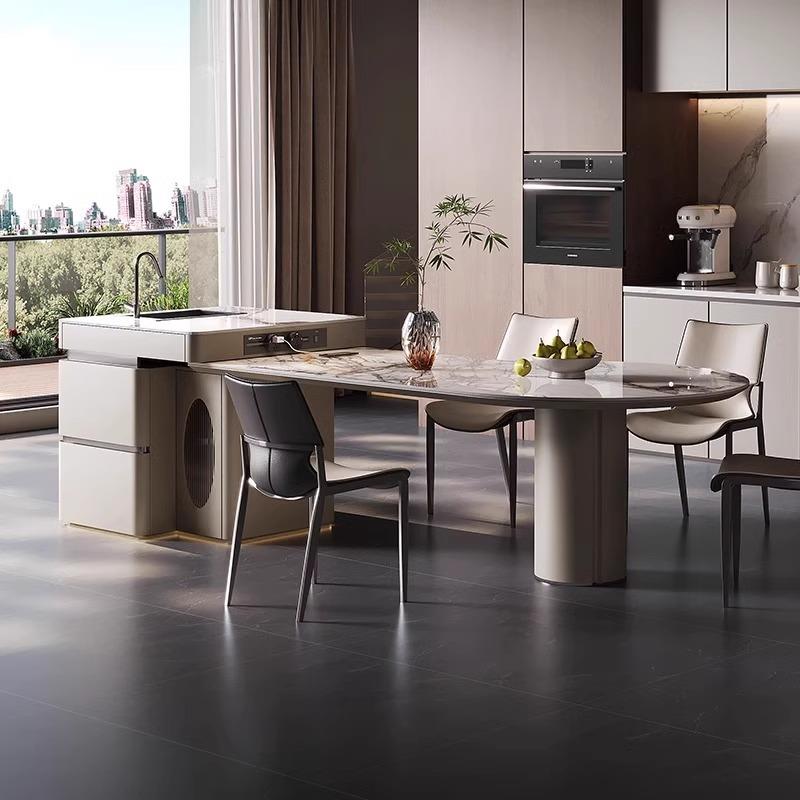 轻奢椭圆饭桌岛台美式中岛台水槽一体开放式厨房饭台岩板岛台餐桌