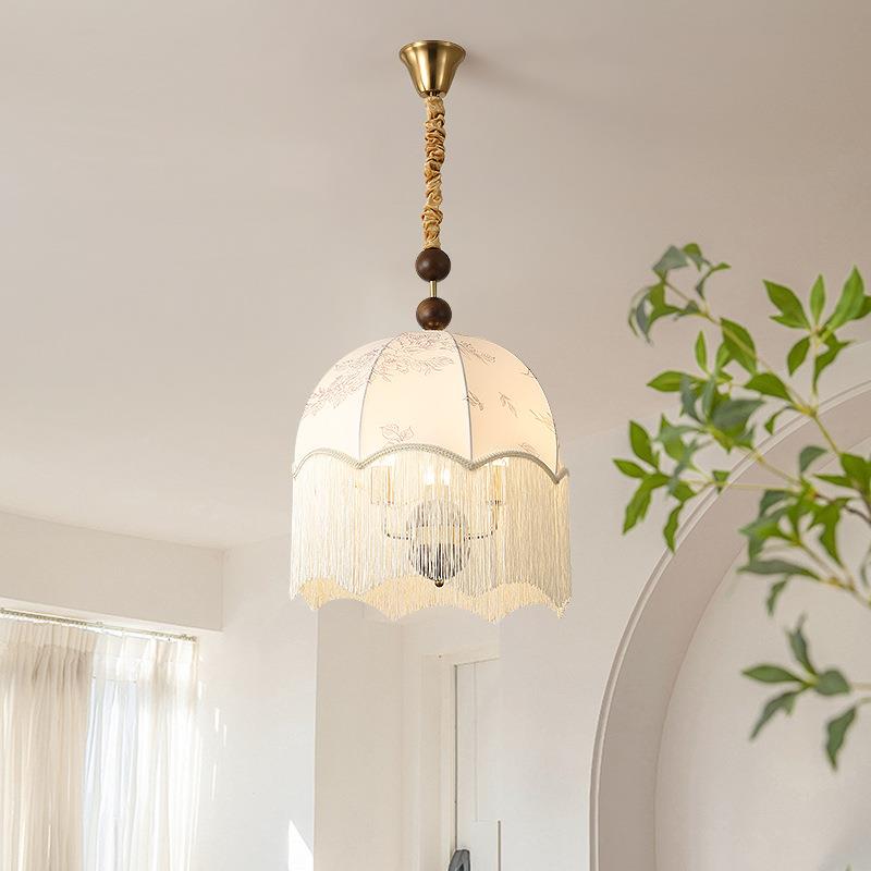 中古风吊灯法式复古卧室灯餐厅饭厅主卧房间印花布艺流苏护眼吊灯