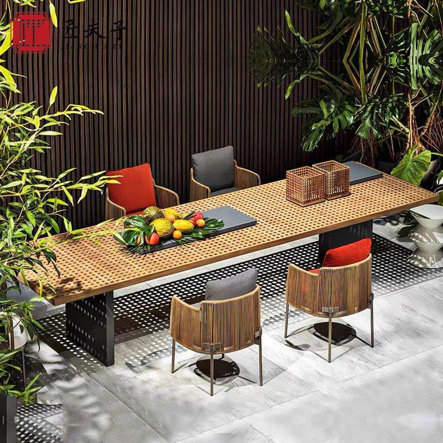 高端户外桌椅庭院别墅院子长桌露天防水室外花园露台藤编家具组合