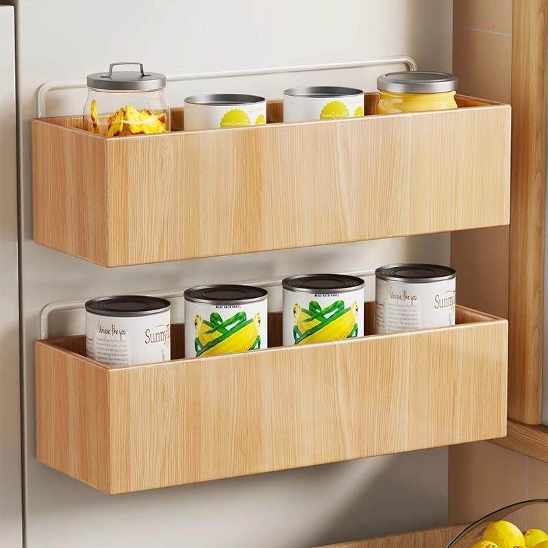 实木冰箱置物架侧收纳筐免打孔厨房挂钩悬挂式架子壁挂分层收纳架