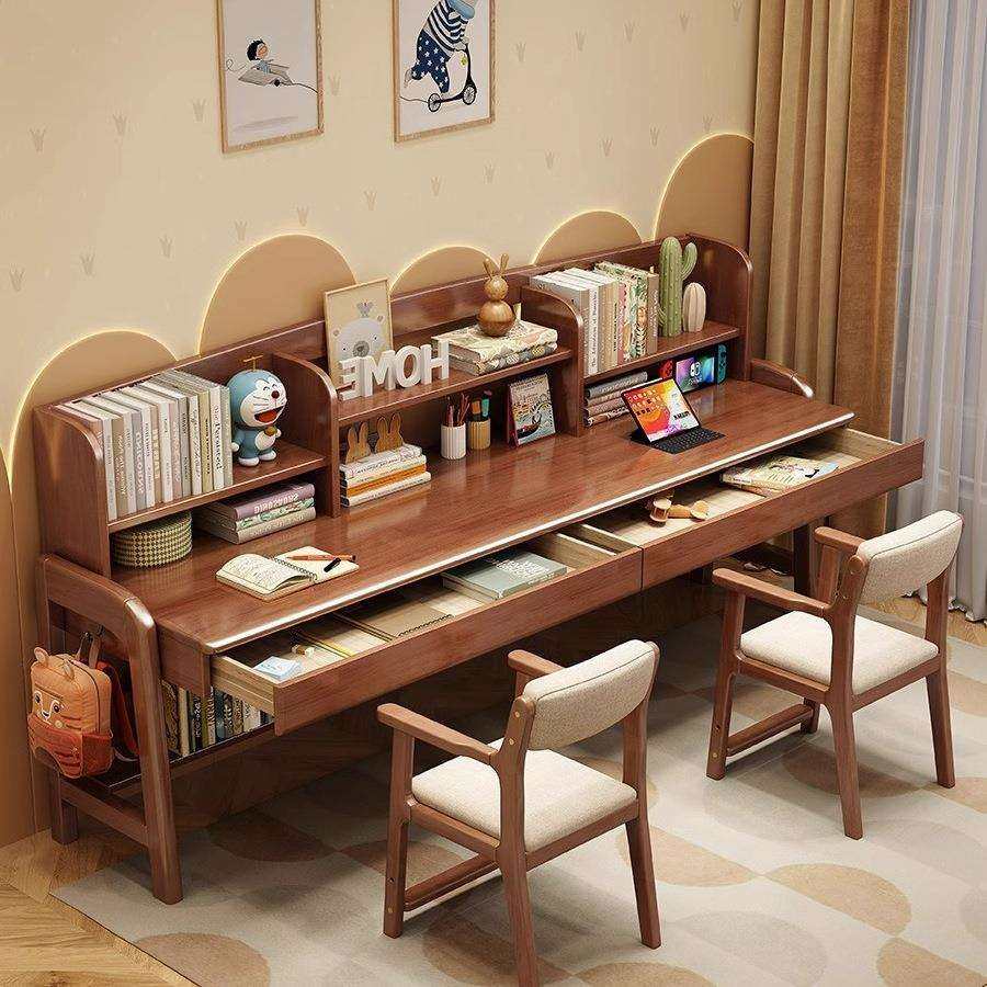 实木书桌书架一体桌中小学生双人长书桌学习桌椅简约电脑桌写字桌