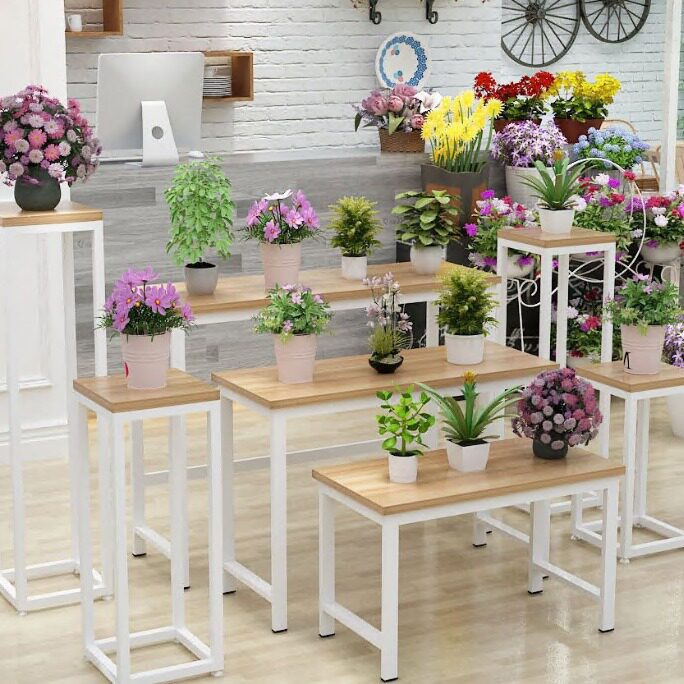 花店七件套手捧花展台落地橱窗铁艺花盆架多肉绿植高低流水台桌子