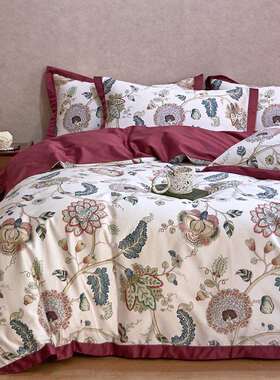 RI0T田园风美式80支长绒棉四件套纯棉印花贡缎床笠款床单床上