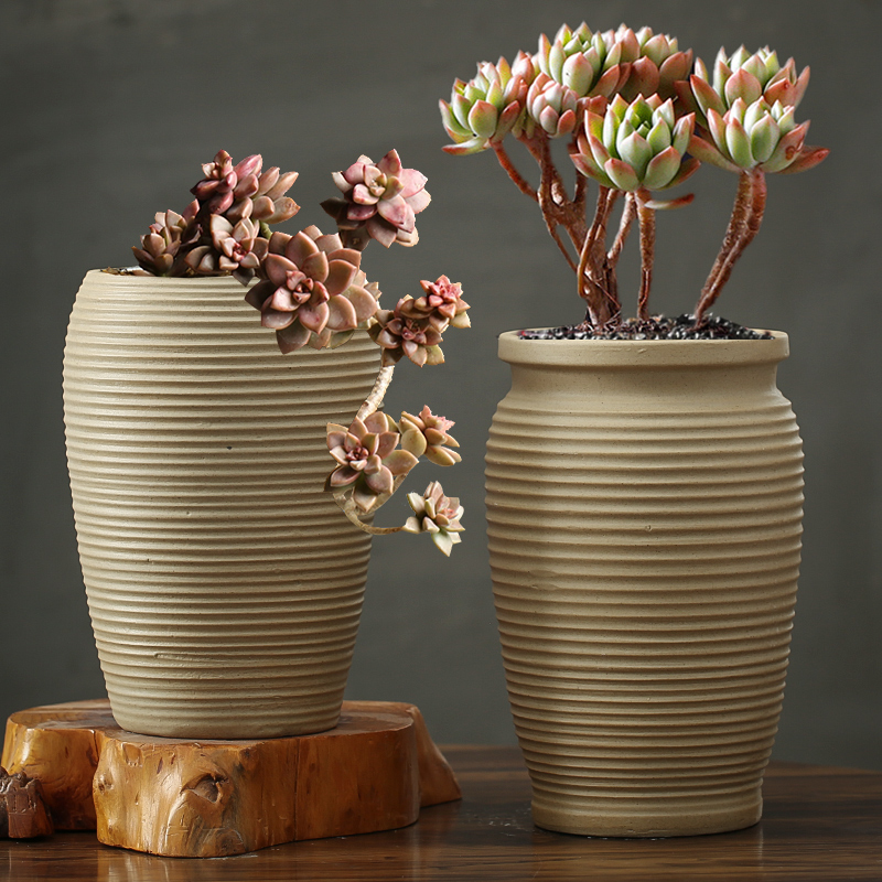 粗陶透气素烧多肉花盆陶瓷简约创意螺纹大小口径盆栽绿植多肉老桩