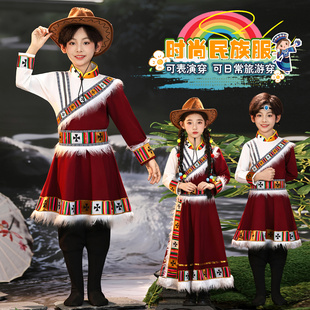 新款藏族少数民族舞蹈演出服装儿童藏袍女童卓玛男童藏服表演套装