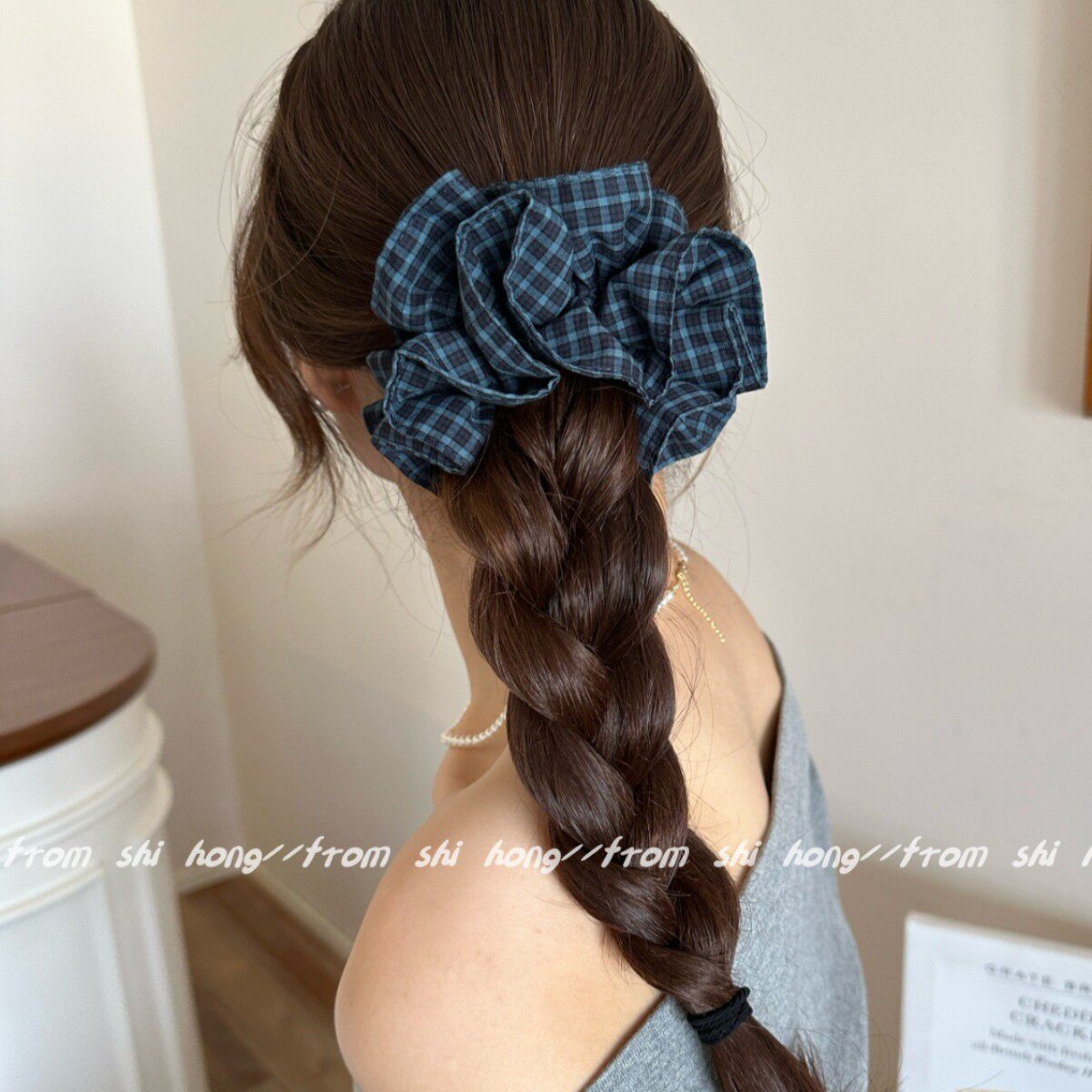 日韩ins复古格纹小蛮腰大肠发圈文艺气质扎马尾后脑勺发绳新款女