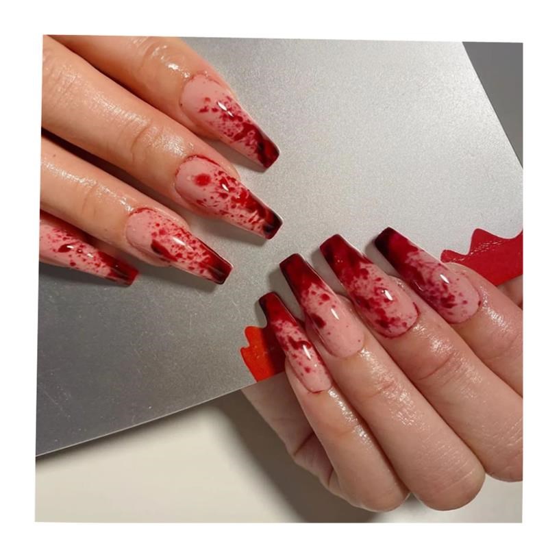 24pcs Long Coffin Shaped Faylse Nails With Bloodstain Design