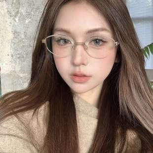 纯欲风椭圆半框金属平光镜女方圆脸高级感镜架可配近视防蓝光眼镜